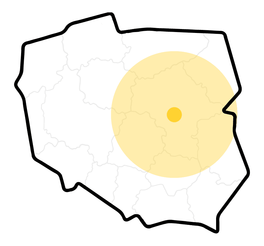 Mapa Polski z zaznaczonym obszarem realizacji 200 km od Warszawy